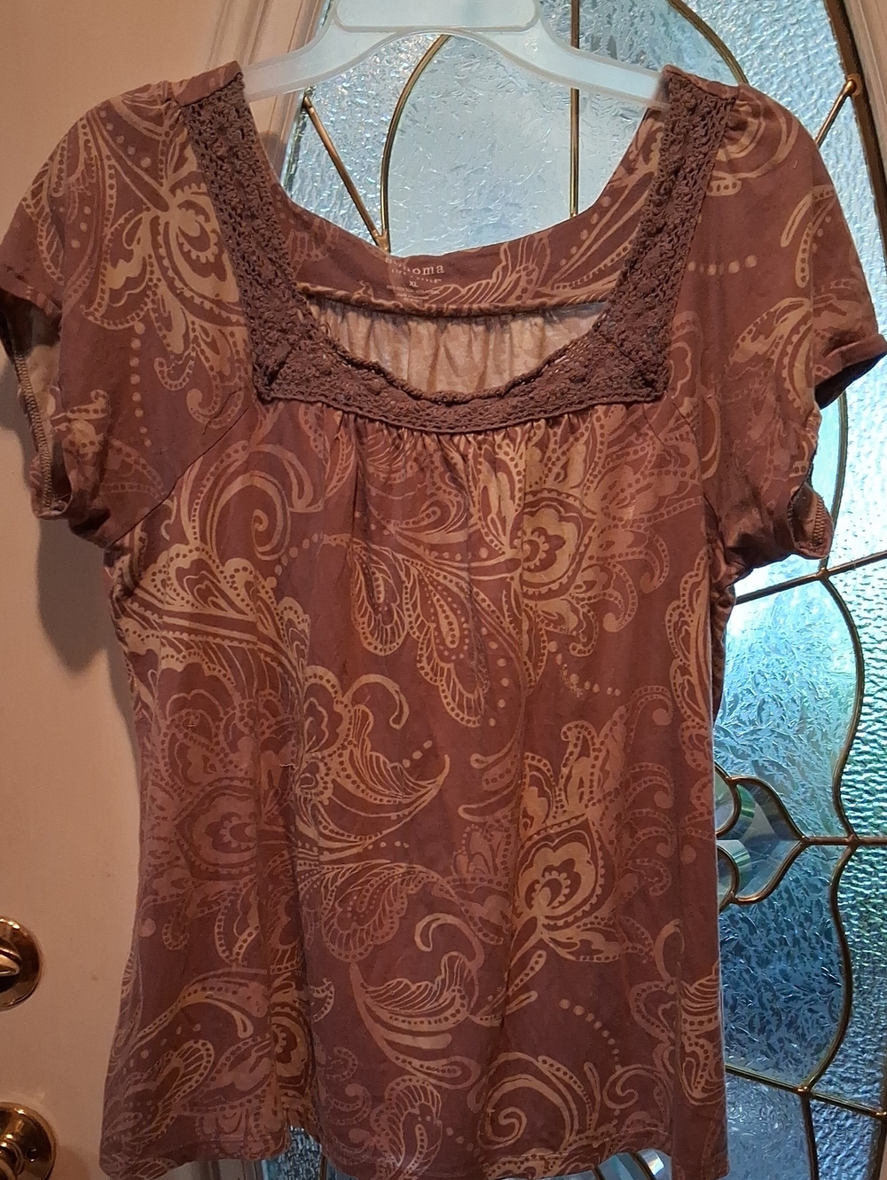 Sonoma Mauve Paisley Crochet-Trim Short Sleeve Tee